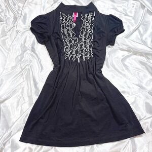 y2k Ruffle Babydoll Tunic Top Black Empire Waist Puff Sleeve Blouse